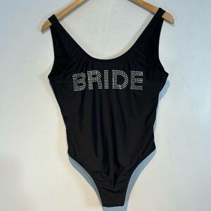 Revamped “Bride” black bathing suit /body suit rhinestone bling lettering size M